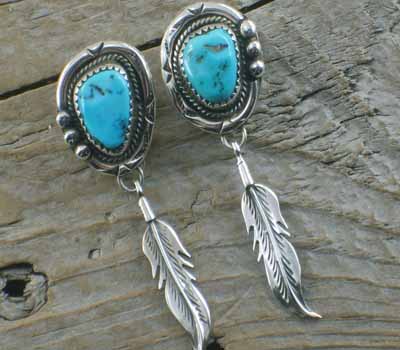 Sterling Earrings Turquoise and Feathers